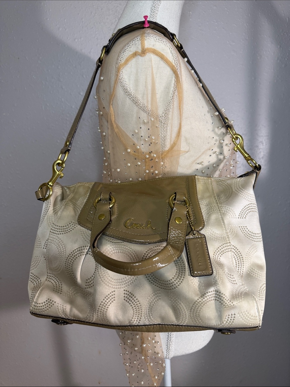 Coach Cream and Olive Signature Shoulder Bag